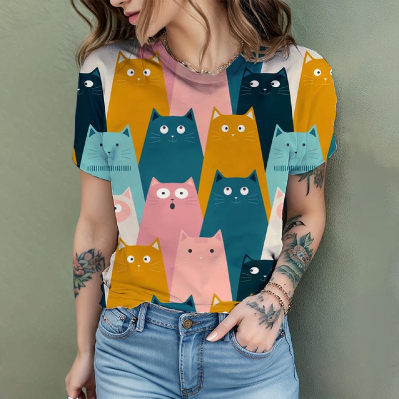 Women's T Shirt Comic Cat 3D Print Harajuku Summer Short Sleeve Top O Neck Casual Women's Oversized T Shirt Coolred Short Sleeve