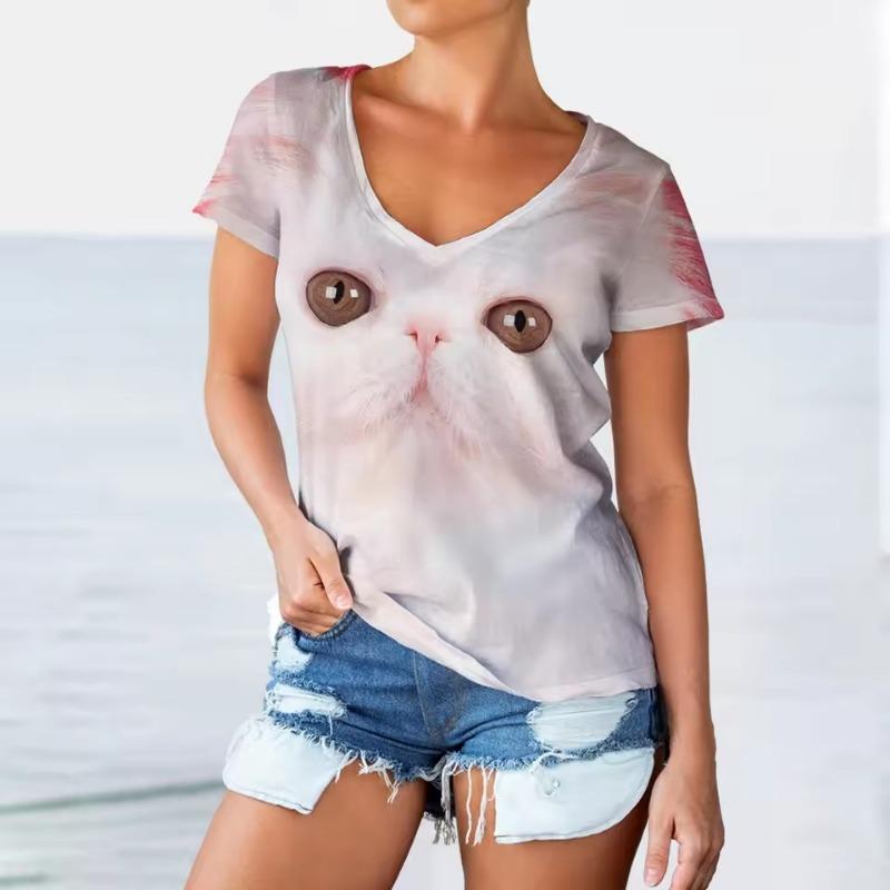 Women V-neck Short Sleeve Casual Fashion Kawaii Graphics T-shirt Oversized Female Girls Clothes 3D Funny Cats Print T Shirts