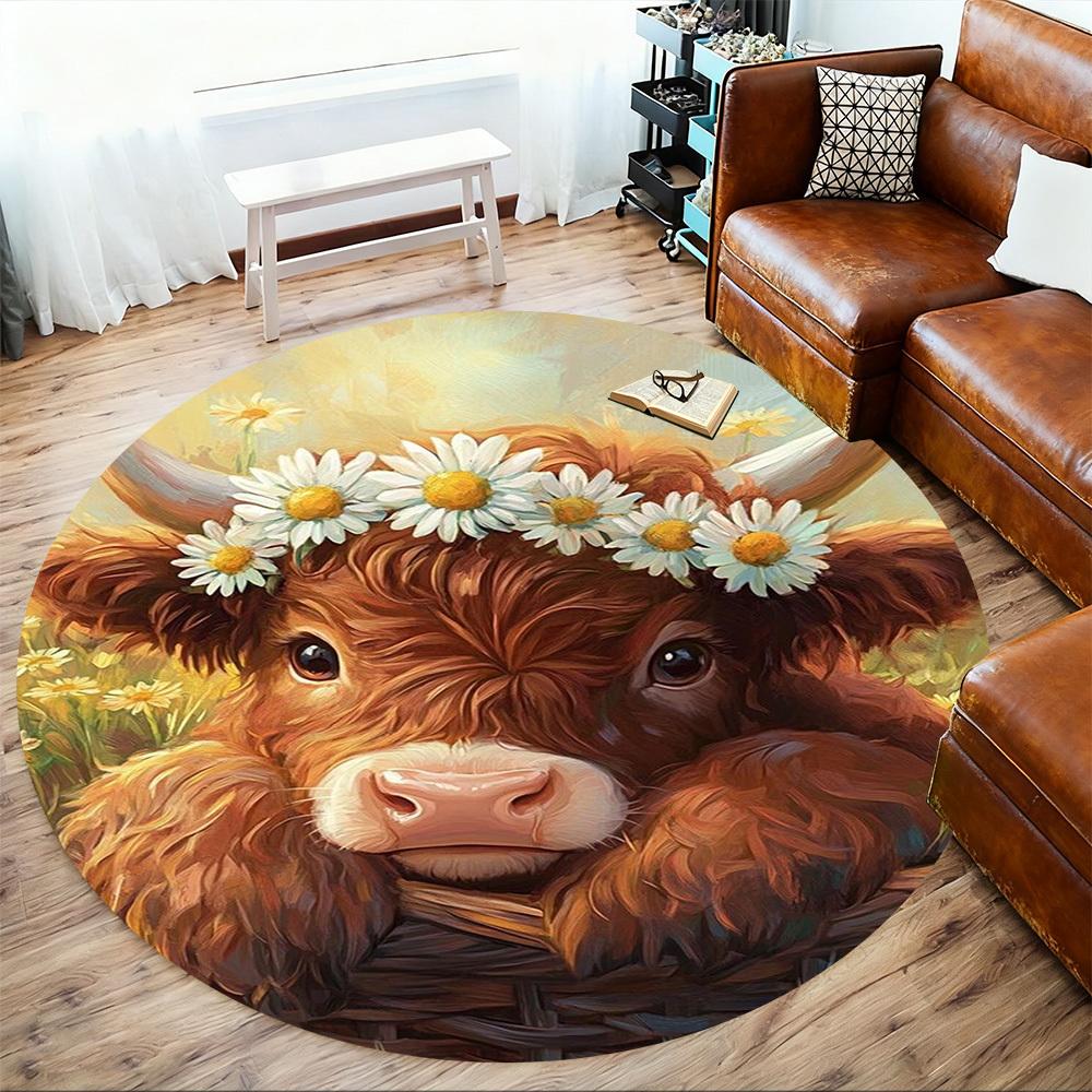 1PC Cow Basket Round Chair Mat Area Rug - Non-Slip, Floor Mat for Office, Bedroom, Home Decor Christmas Gift C0528035