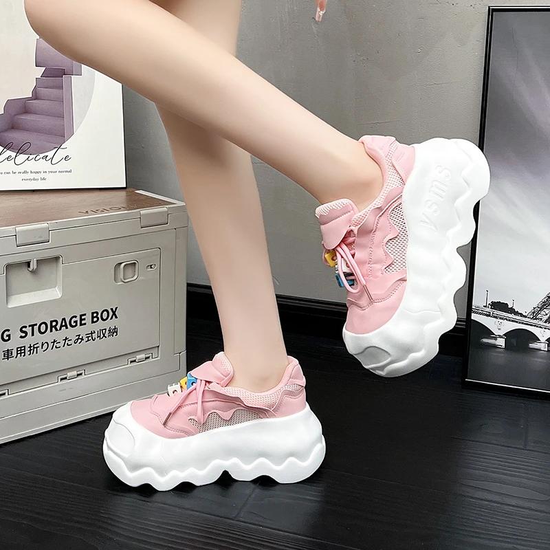 Fashion 8CM Designer Women Breathable Pink Sneakers Cute Patchwork Shoes Thick Heel Sneakers Casual Running Platform Lolita Bread Shoes