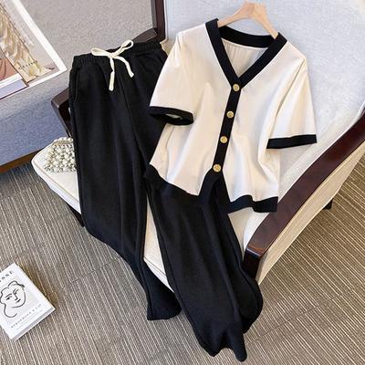 Completi da Donna Taglia Grande Camicia a Maniche Corte Pantaloni Cardigan Slim Morbido Pantaloni Larghi Pantaloni Lunghi Top Due Pezzi Tuta Oversize 2 Pezzi