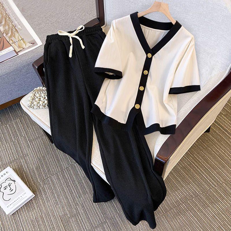 Women Suits Sets Large Size Short Sleeve Shirt Pants Slim Soft Cardigan Loose Trousers Longs Pants Top Two-piece Oversize 2PC Suit