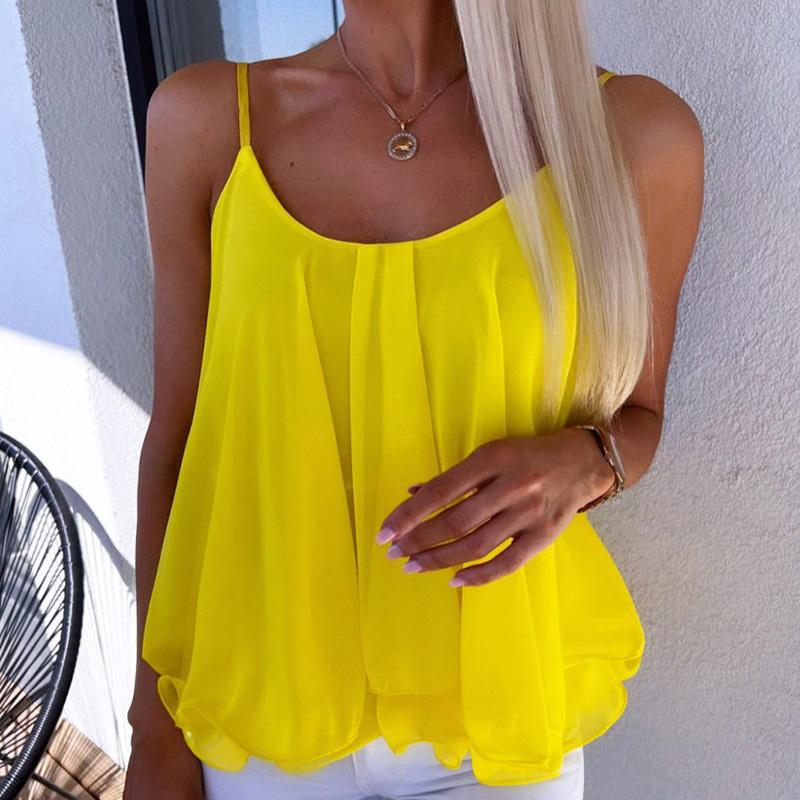 Women s Casual Loose Chiffon Camisole Top Spaghetti Strap Sleeveless Summer Flowy S жёлтый