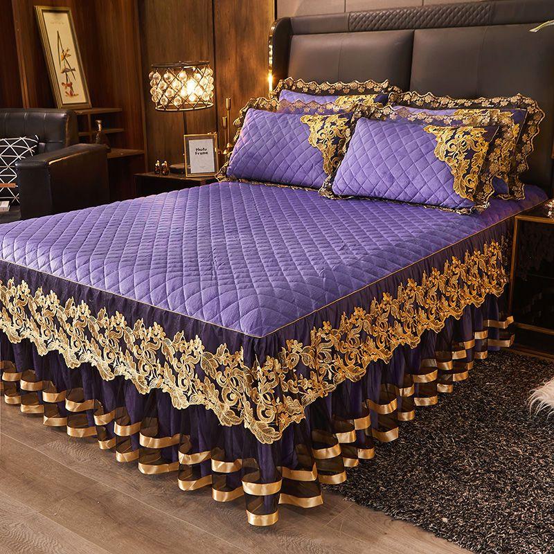 3PCS European Crystal Velvet Bed Skirt Winter Lace Velvet Bed Cover Warm Non-slip Thickened Fleece Bedding Three-piece Set