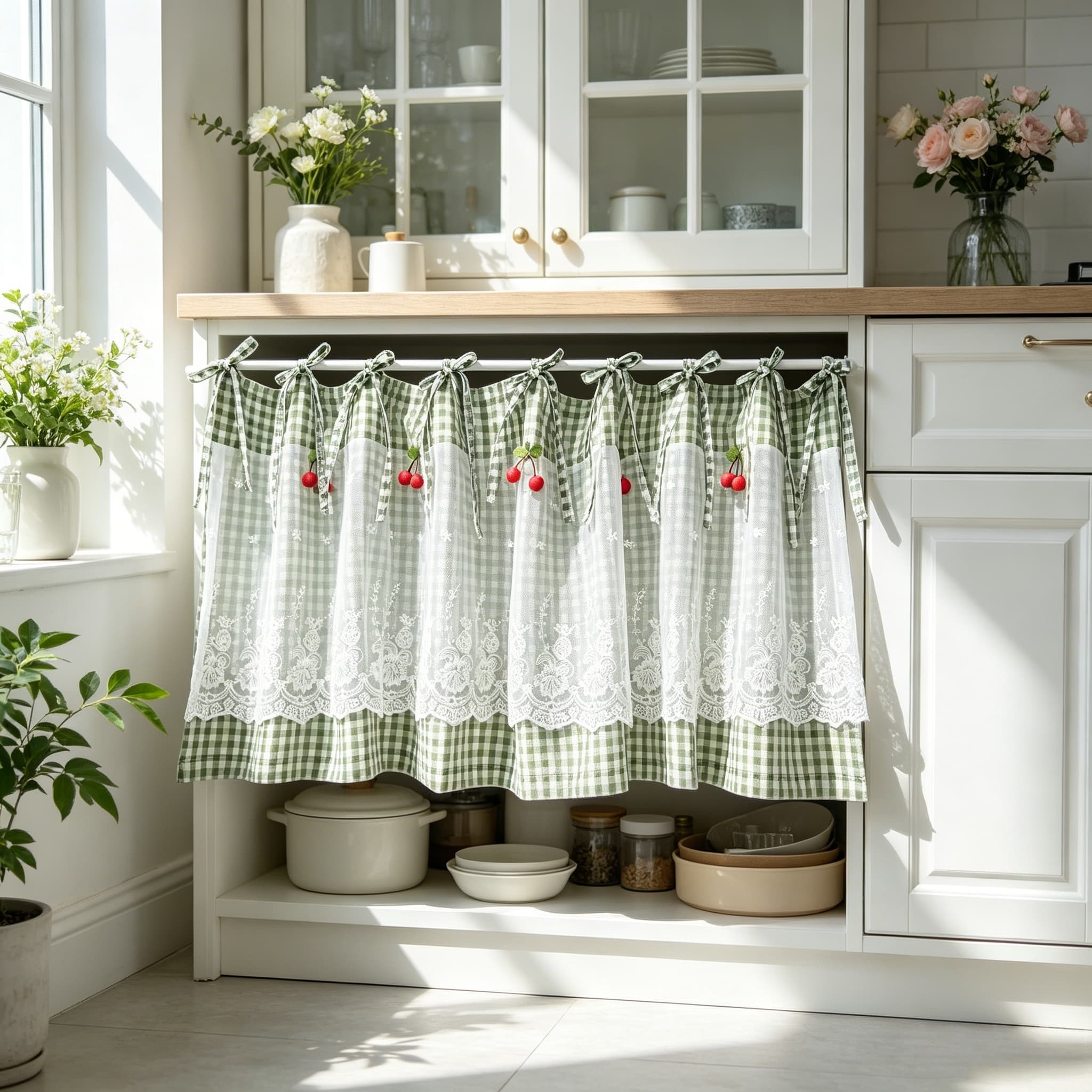 1 ST Pastorale Kant Dubbellaags Groen Geruit Kort Gordijn, Stropdas Top, Keuken, Kast, Studiekamer Raambekleding Met Rode Kers W70 X 80cm(3cherry)&Tie Top&1 panel wit