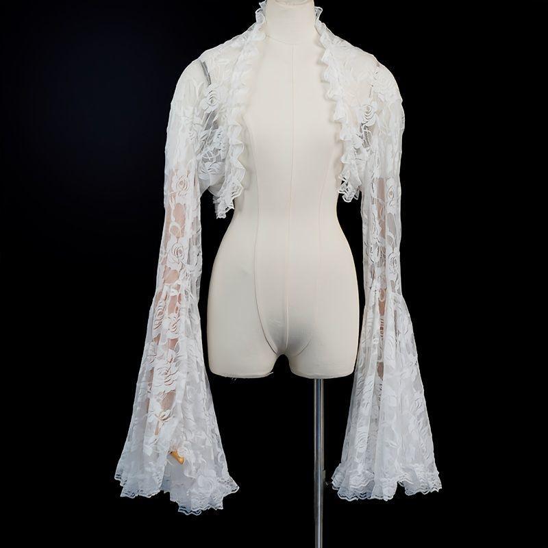 Gothic Floral Lace Shrug Long Flared Bell Sleeve Open Front Cropped Bolero Cardigan For Lolita Wedding Cosplay Photoshoot