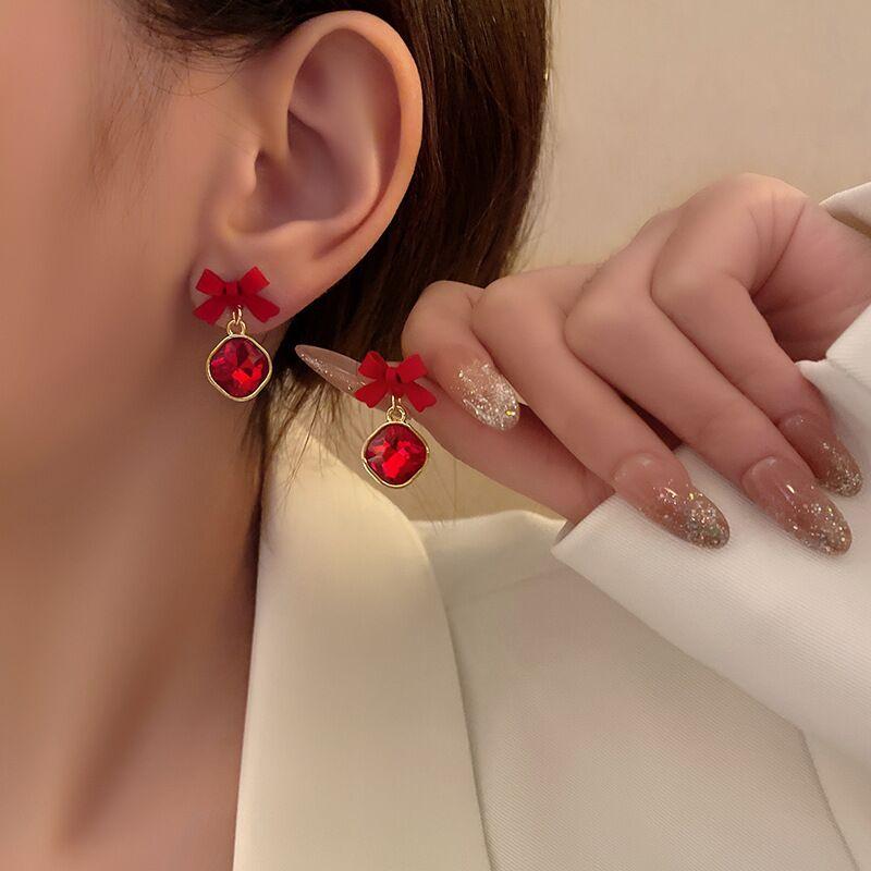 Orecchini Pendenti Con Fiocco Di Perle E Velluto Rosso - Gioielli Lunghi Con Cristalli Dorati E Strass, Bijoux Eleganti Per Donne E Ragazze, Regalo Vintage