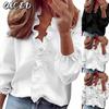 Moda feminina casual cor sólida estampa manga comprida blusas e camisas com decote em V