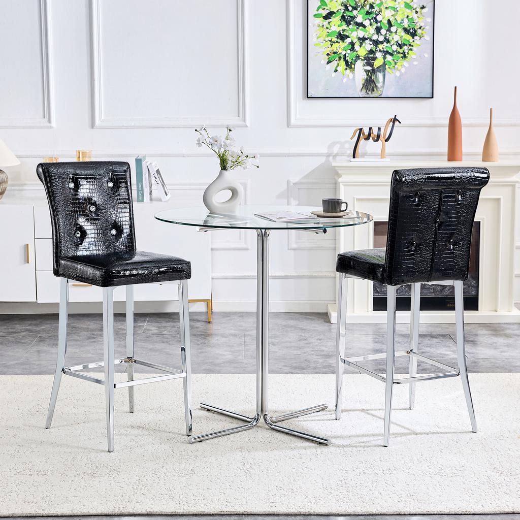 Bar Stools Set of 2, Black Crocodile Leather Look with Crystal Buttons, High-Back Kitchen Stools with Chrome Metal Legs, Kitchen Island Bar Counter