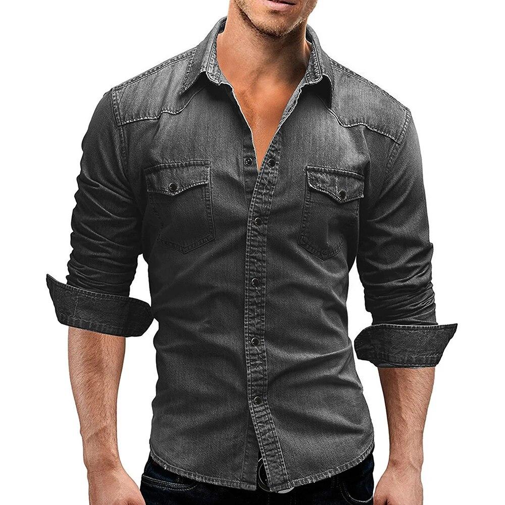Frühling und Herbst Casual Solid Color Herren Denim Langarmhemd Casual Plus Size