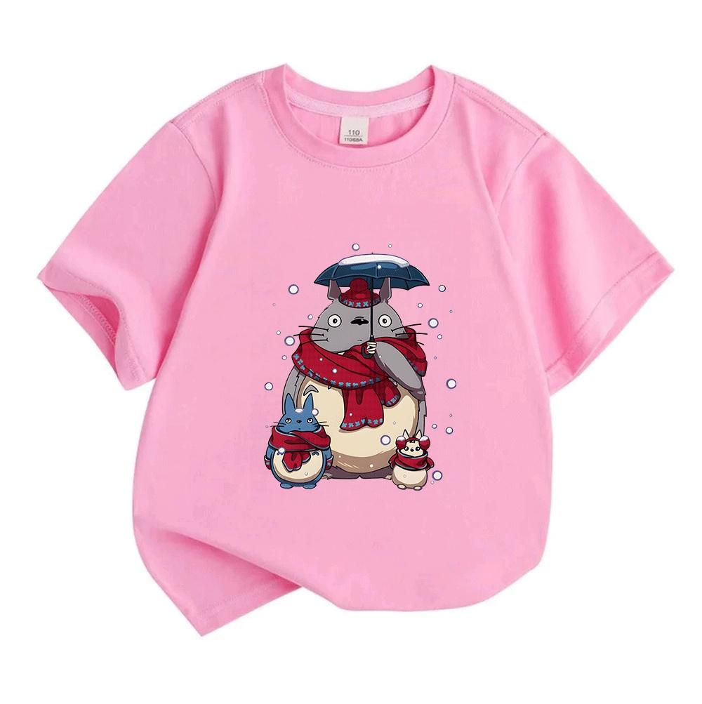 Kids Boys Girls 100% Cotton O-neck Short Sleeve T-shirt, Cute Winter Snow Totoro Family Print Casual Soft Pullover Tee for Daily Wear Holiday Gift