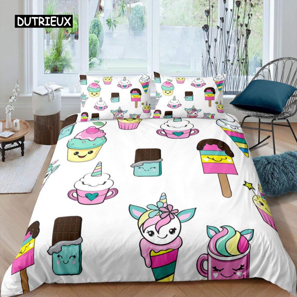 Kreskówkowy Król Królowa Poszwa na Kołdrę Deser Babeczka Lody Zestaw Pościeli Dziecko Szczęśliwe Urodziny Poliestrowa Poszwa na Kołdrę Prezenty dla Dzieci