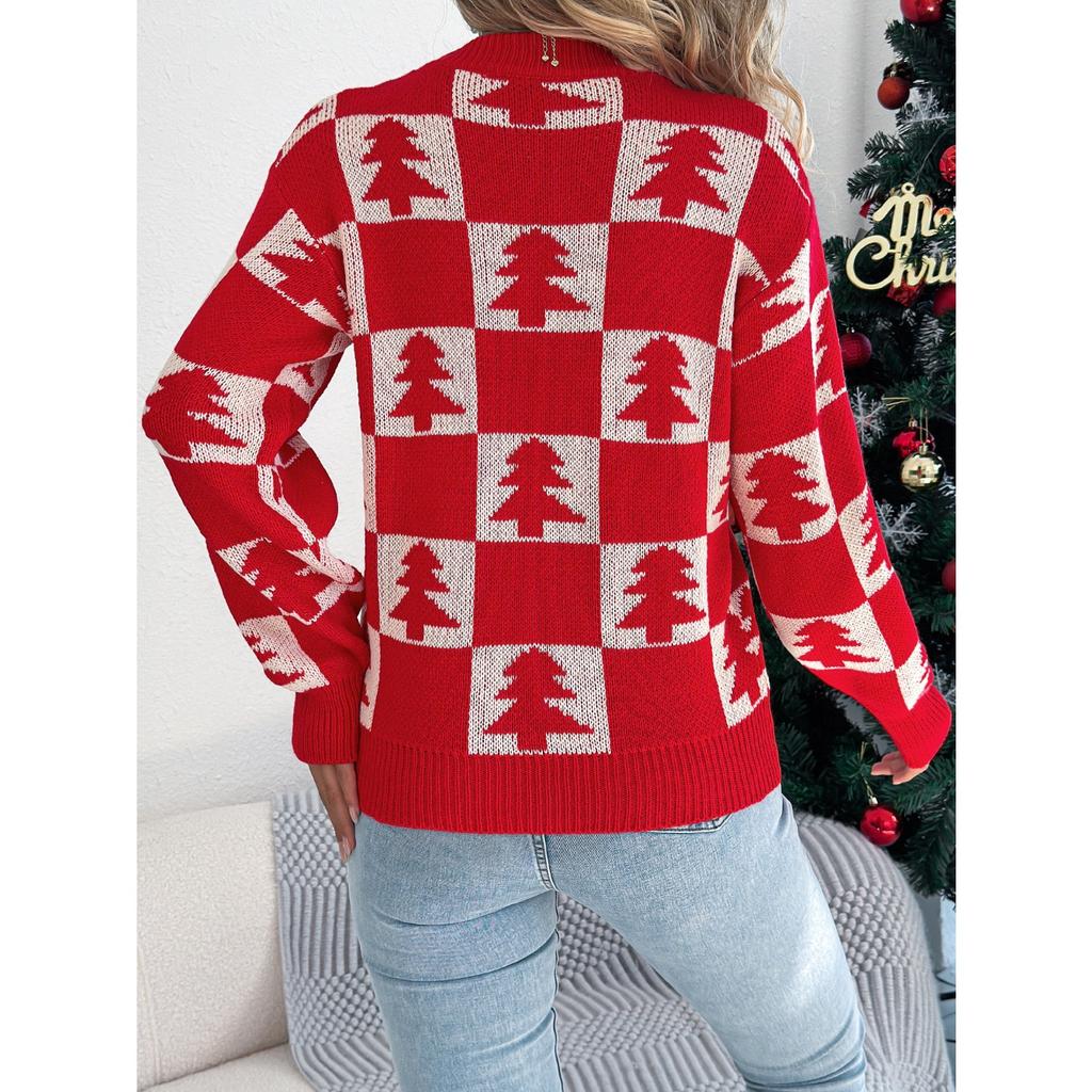 QICED Autumn and Winter Christmas Tree Checkered Lantern Long-sleeved Pullover Sweater Women's Clothing