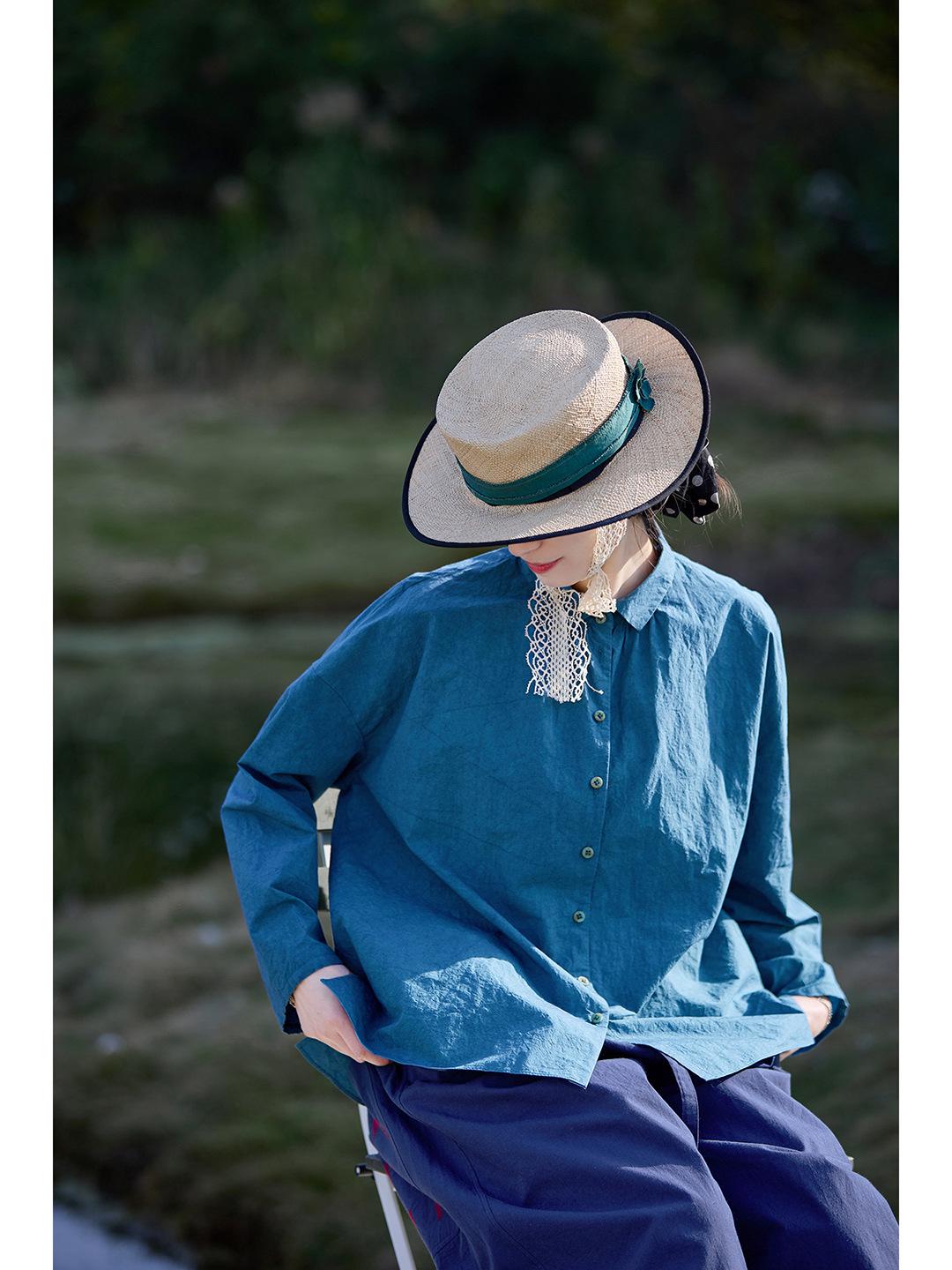 

Women s Ocean Blue Cotton Retro Lapel Shirt - Slimming & Casual Large колір синій океан