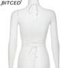 BITCED Spring/Summer Women's Versatile Solid-Colour Fleece-Lined Halter Neck Tie-Front Sexy Bandeau Top