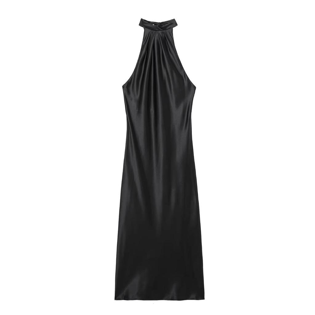 Vestido de Satén de Seda Europeo y Americano para Mujer, Delgado, sin Espalda