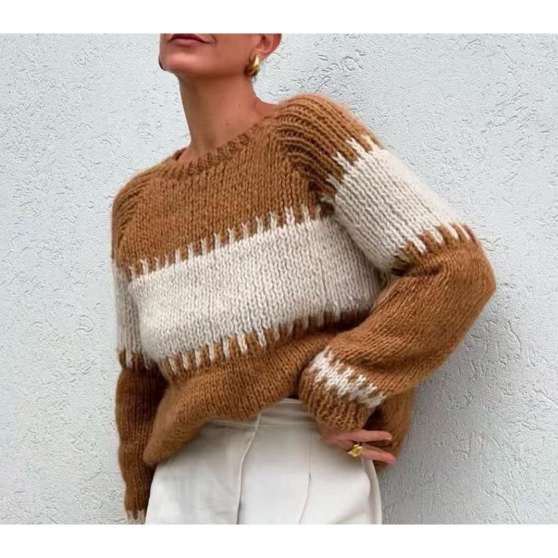 Vintage Color Block Striped Knit Sweater - Women s Loose Fit Drop Shoulder Crew Neck for Autumn/Winter 2XL жёлтый
