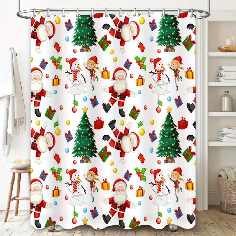 GAEChristmas-themed Shower Curtain with Santa Claus and Festive Decorations for Bathroom Decoration White Background Free Ship