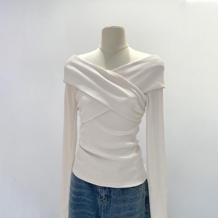 

Autumn Winter V-neck Ruched One-shoulder Long-sleeved Women s Slim Fit Base Layer Shirt S (70-85 jin) вершковий/абрикосовий