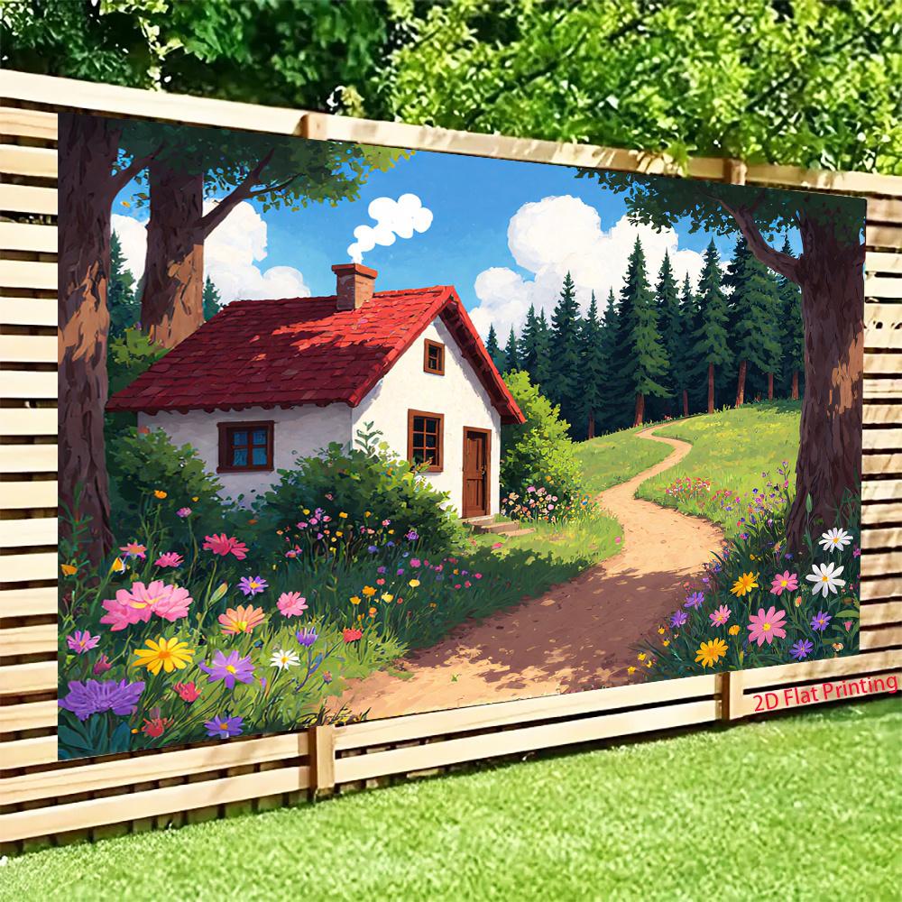 2D plane a small wooden house in a vibrant forest suitable for decorating for various party activities polyester fiber
