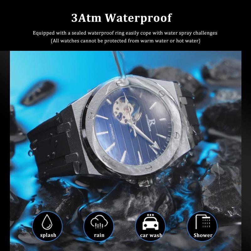 Skeleton Automatic Mechanical Watch for Men Hollow Movement Luminous Hands Waterproof Rubber Strap Sport Casual Mens Wrist Watch