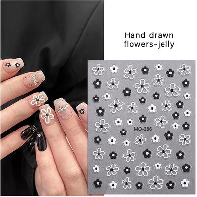 Flower Shape Nail Sticker Black And White Stereoscopic Hand Drawn Nail Decal Decoration Diy Enhancement Adhesive Sticker