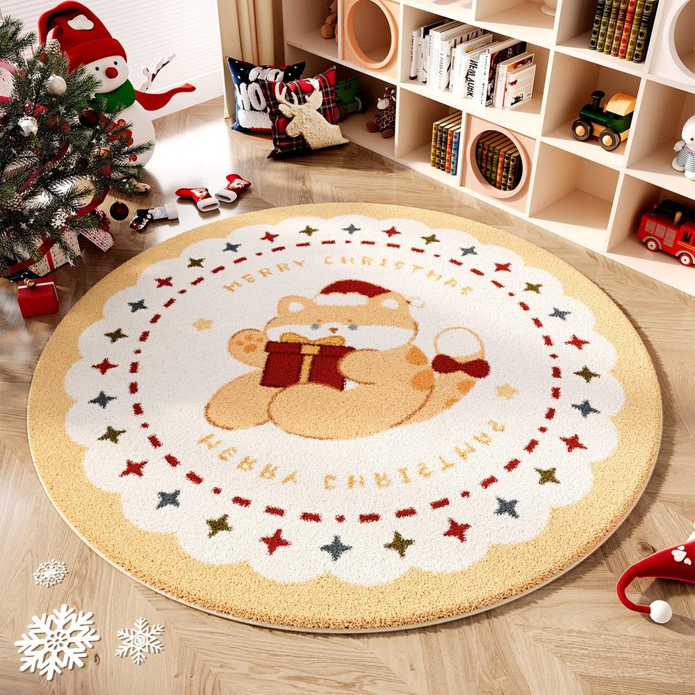 Christmas Winter Warm Synthetic Cashmere Round Rug For Living Room And Bedroom Slippery Floor Mat Home Decoration