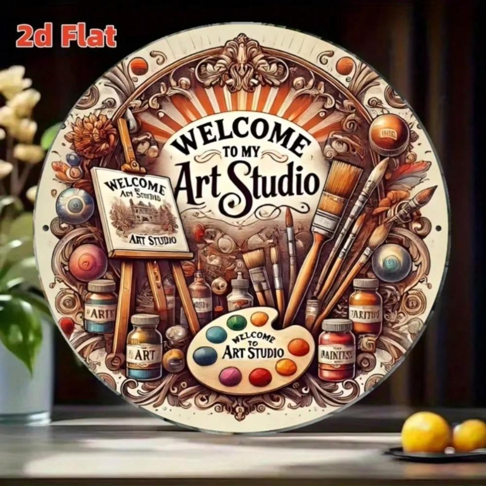 Vintage Welcome Sign Round Metal Art Studio Decor Painting Palette