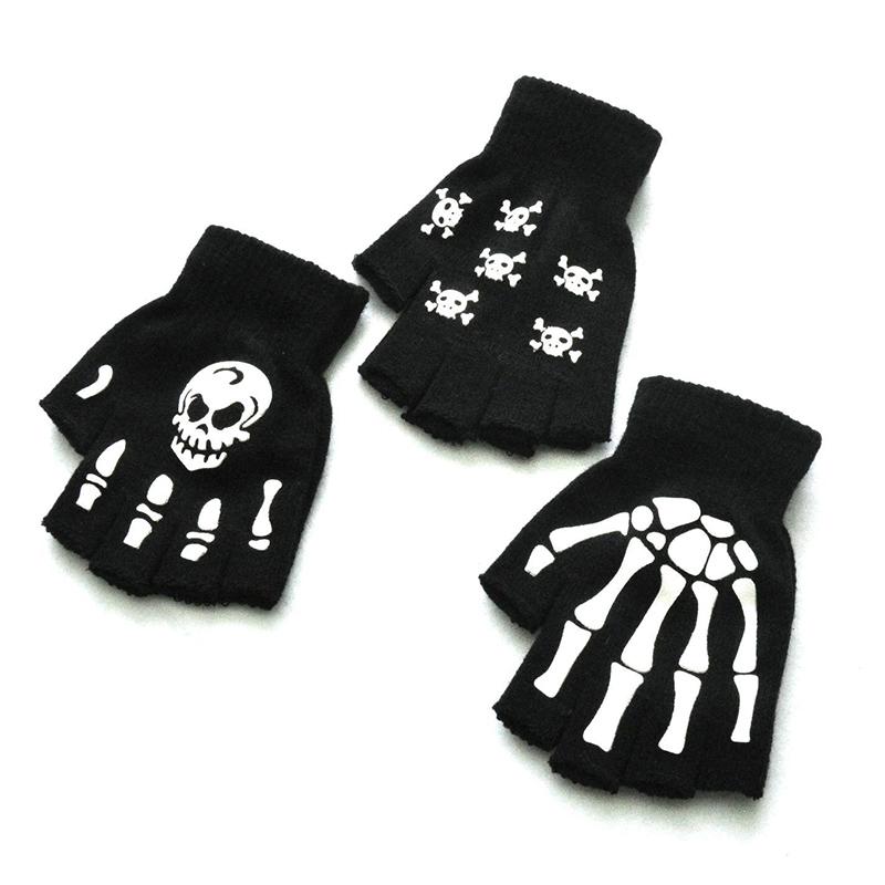 5-11 Years Unisex Halloween Skull Baby Gloves Punk Skeleton Half Finger Glove Cosplay Non-slip Wrist Children Stretch Mittens