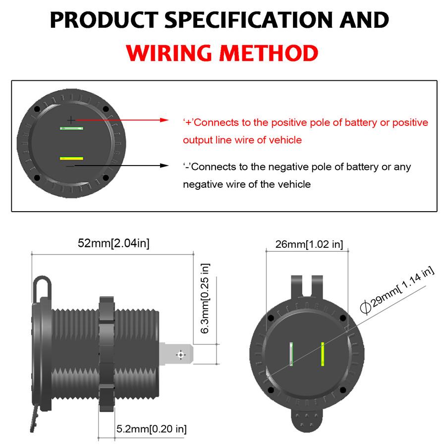 12V-24V Car Cigarette Lighter Socket Dual QC3.0 Charge USB Car Charger with Wire and Terminal for Car Motorcycle Boat Modified