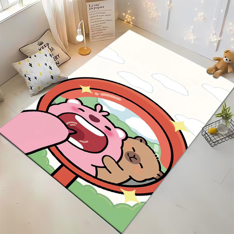 "Cartoon Pink Hippo and Brown Bear Pattern Kids Room Carpet Decor" Suitable for Use As an Anti-slip for Living Room Bedroom Sofas