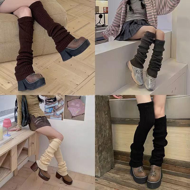 Japanese Style Solid Knit Thick Mid Calf Leg Warmers Women JK Uniform Y2K Stacked Socks Layered Leggings