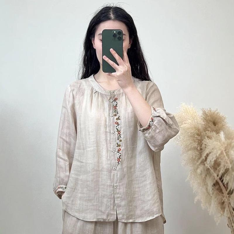 Top Ricamato da Donna in Cotone e Lino Estivo - Stile Nazionale Retrò, Leggero e Versatile