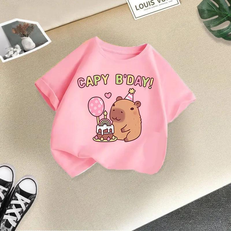 Summer Girls' Short-Sleeved T-shirt Children's round Neck Loose Fit Cute Stylish Capybara Print Casual Top for Kids Modal