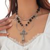 Accessories Punk Metal Cross Imitation Pearl Tassel Necklace, Sweet Cool Bow Necklace