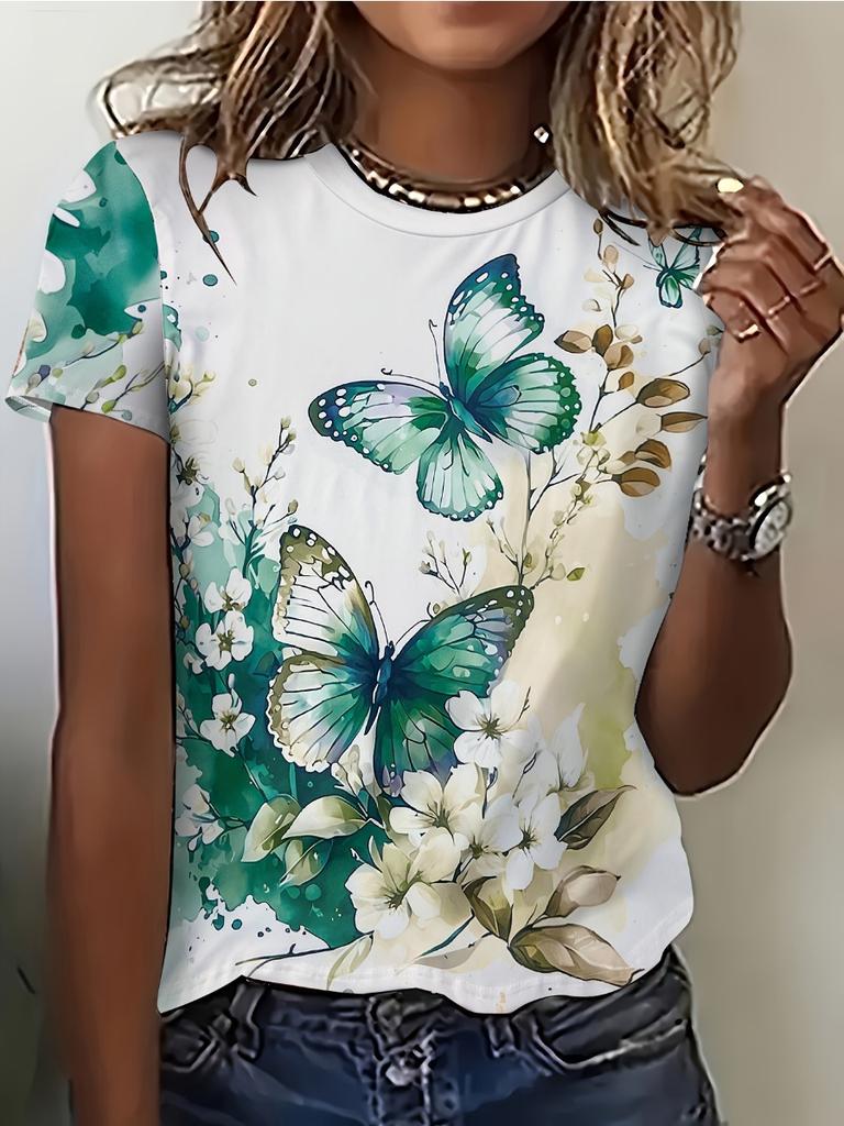 Women's T-shirt Summer Casual Round Neck Short Sleeve 3D Print Floral Pattern Top Loose Casual Wear Ladies T-shirt