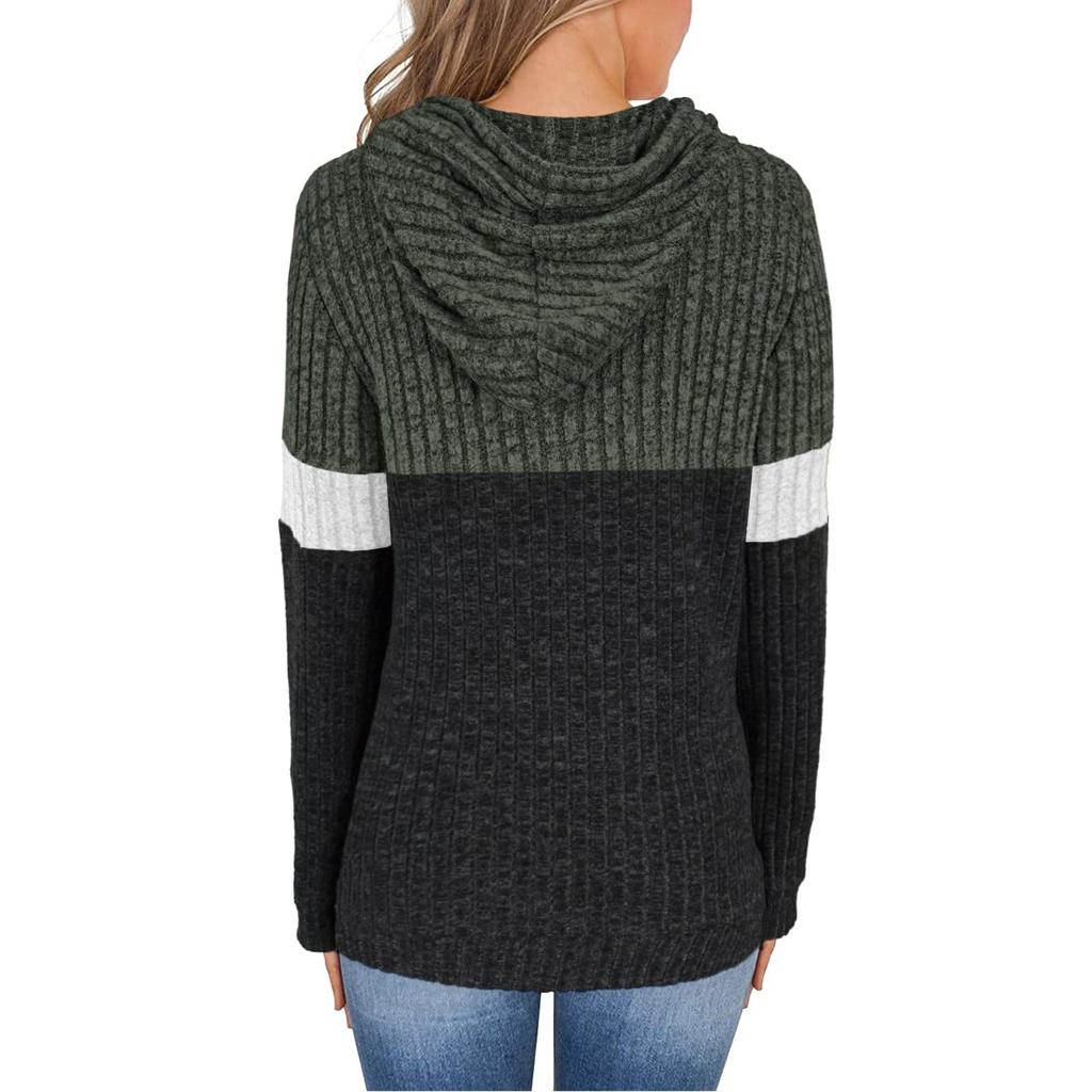 Women's Fashionable Casual Color Blocked Hooded Pocket Loose Long Sleeved Pullover Top