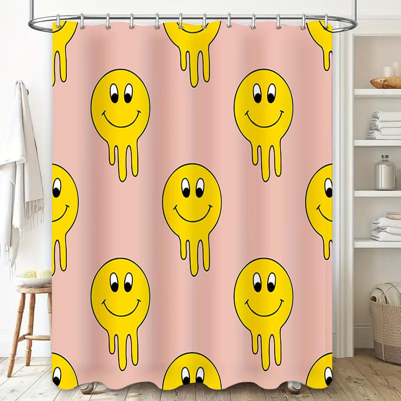 Happy Smiley Face Shower Curtain Pink Background with Yellow Cartoon Character Design for Bathroom Decor