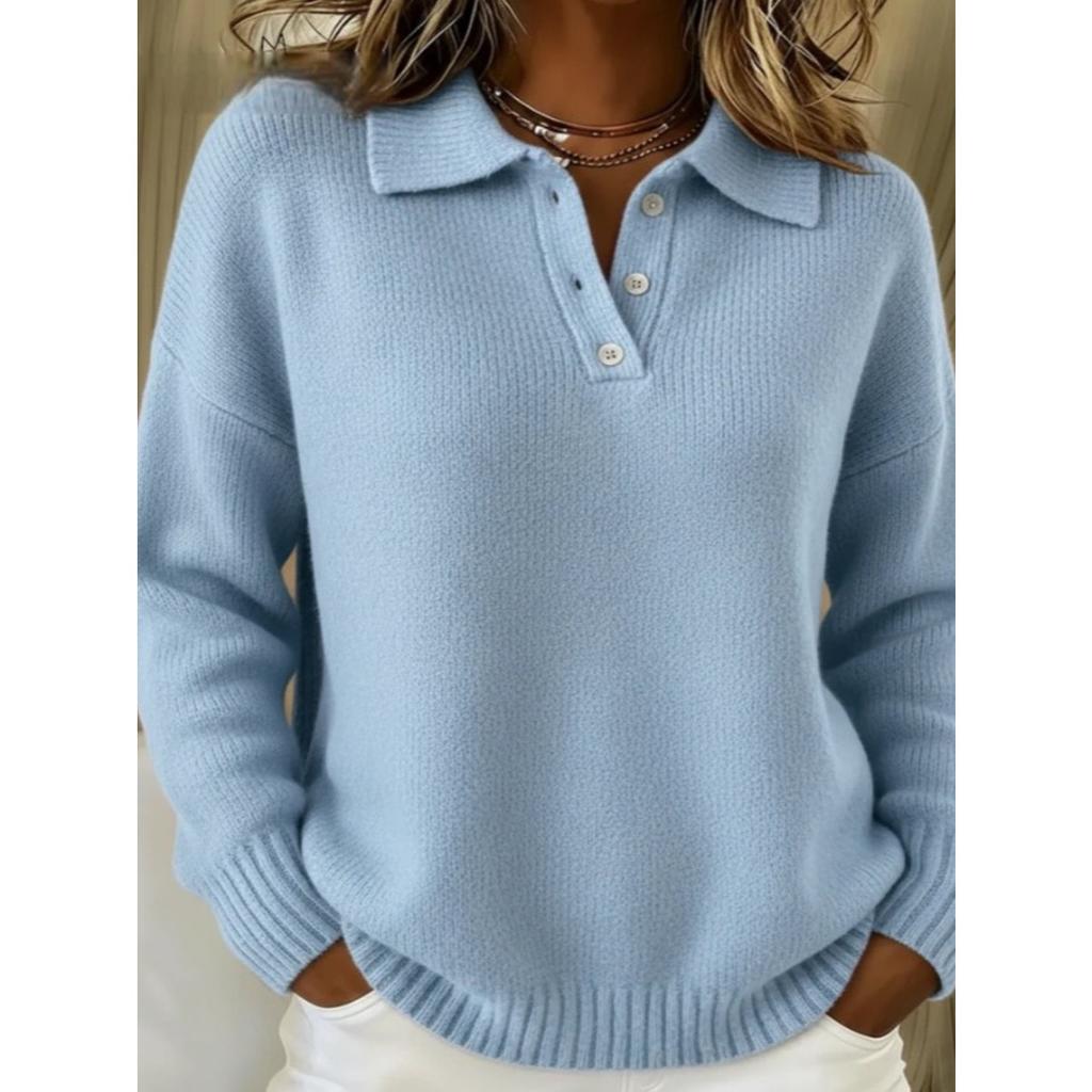 Autumn Winter New Women's Loose Lazy Style Soft Flip Collar Polo Shirt Long Sleeve Button Sweater