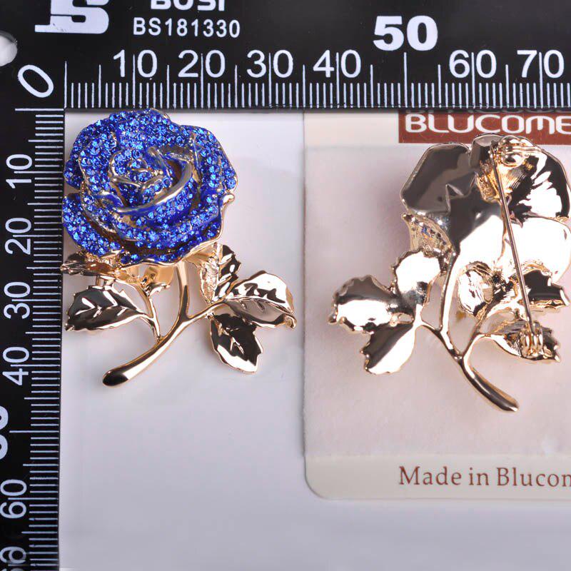 Blucome Full Austrian Crystal Blue Rose Flower Brooches Gold-color Coat Collar Plant Brooch Wedding Boutonniere Pullover Pins
