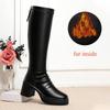 7cm Comfortable Block High Heel Leather Boots Women's Elegant Shoes Winter 2026 Black Warm Knee Long Riding Boots for Daily