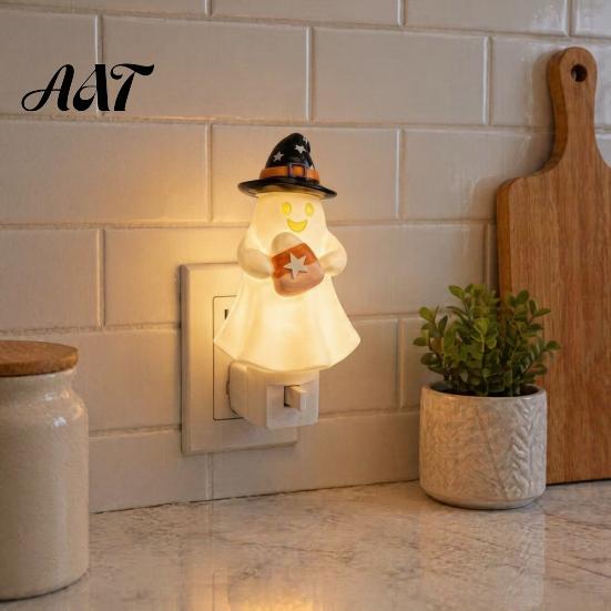 Halloween Home Decor Pumpkin Ghost Night Light with Witch Hat, Resin Soft Glow Corridor Lamp Plug-in LED Bedroom Light, Spooky Wall Sconce for Party