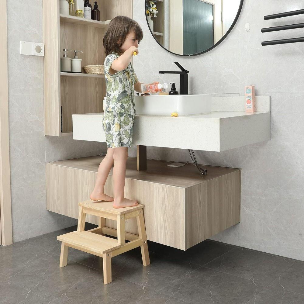 Non-Slip 2 Step Stool Wood Easy To Assemble Small Step Ladder Portable Bathroom Foot Stool Adults