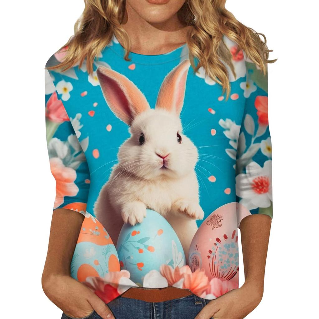 Damen Osterhasen T-Shirt Mode Langarm Rundhals Normales Oberteil Feiertagswochenende Print Floral Rot Frühling Herbst Outfit