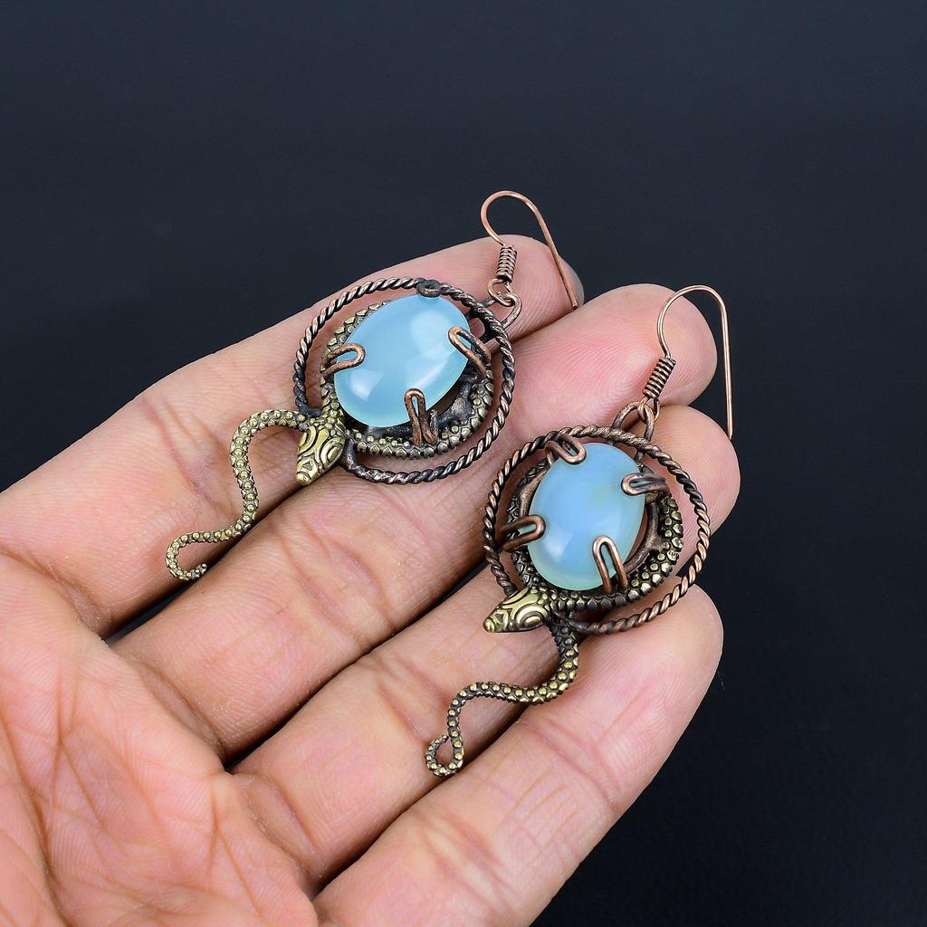 Blue Chalcedony 999 Copper Wire Wrapped Earrings, Handmade Gemstone Earrings Jewelry, Gifts For Wife Brand New Earrings