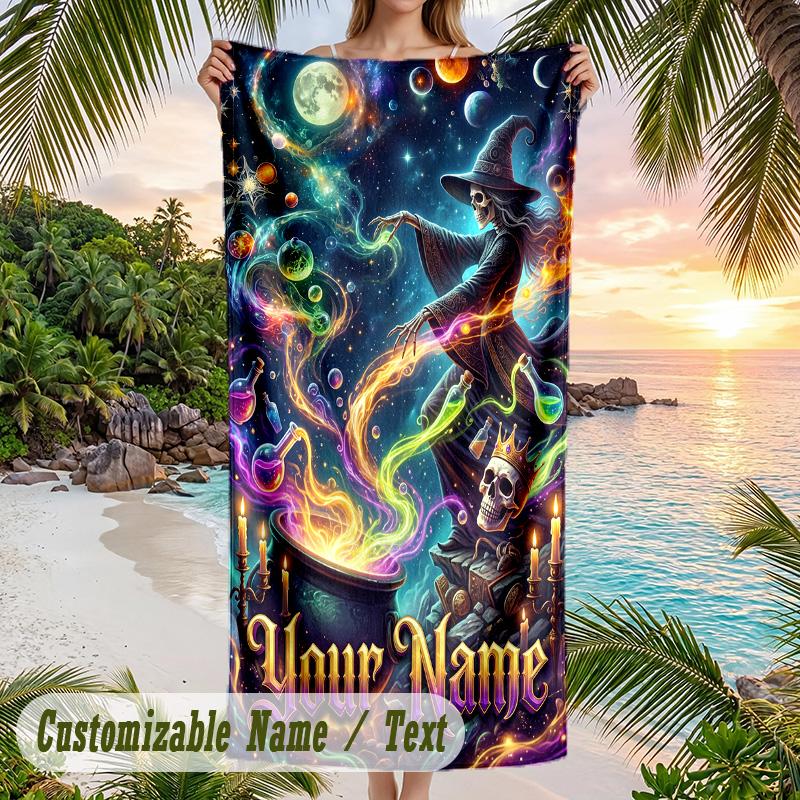 Witchcraft Theme Beach Towel Personalized Custom Name & Text Soft Quick Dry Beach Towel for Swimming Travel