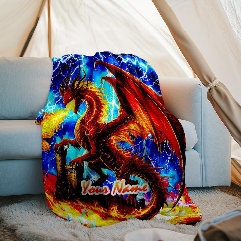 1PC Custom Name "Electric Dragon's Flame" Outdooor Flannel Blankets Patterns Throw Blanket All-Season Soft Gift for Couch, Bed, Camping Gifts