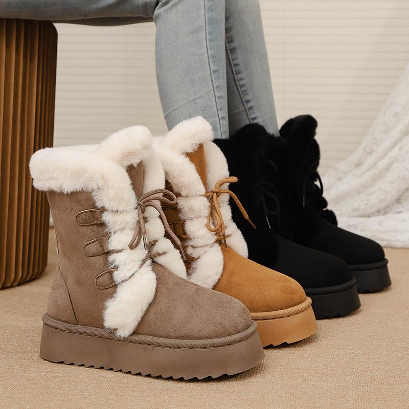 Women's Winter Warm Fur Snow Boots Lace Up Fluffy Plush Platform Ankle Boots for Women Thick Bottom Non Slip Cotton Padded Shoes