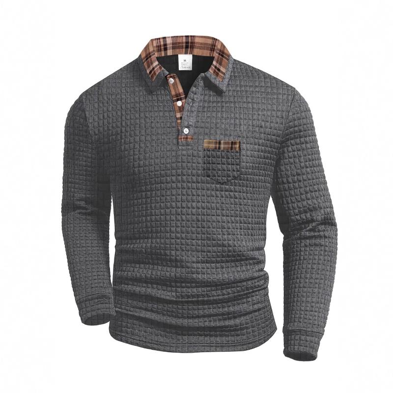 Men's Waffle Knit Polo Shirt Casual Plaid Contrast Collar Long Sleeve Top With Pocket For Daily Wear