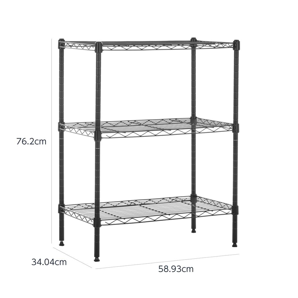 Amazon Basics 3-Tier Steel Shelf, Metal Rack, 340kg Load Capacity, 58.9cm Wide x 34cm Deep x 76.2cm High, Black